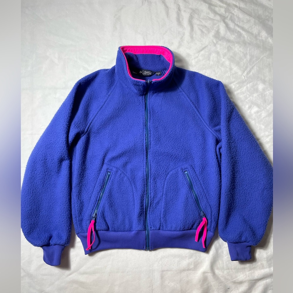 Vintage 90s Retro Columbia full zip Purple sweater women Sz L Radial sleeve USA